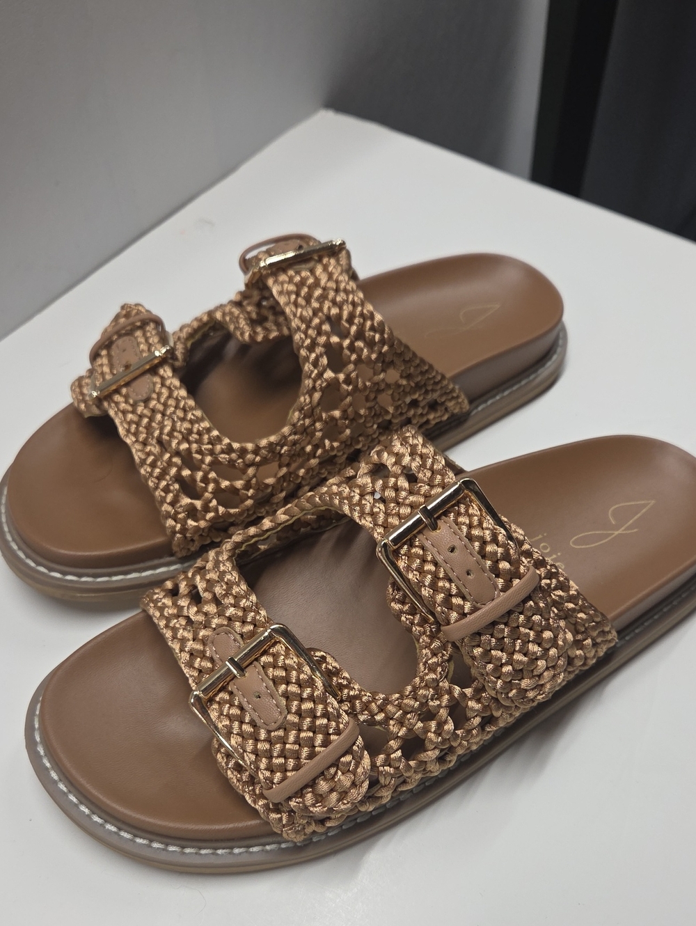 Joie Braided Double-Buckle Slide Sandals in Metallic Tan Size 8.5 - Picture 1 of 8